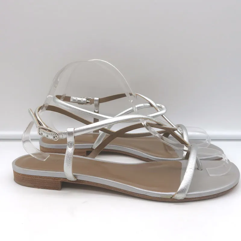 Hermes Flat Slingback Thong Sandals Silver Metallic Leather Size 40
