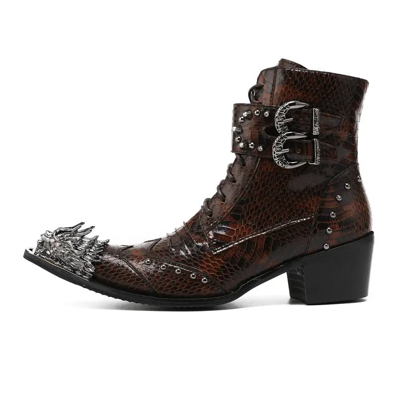 Italian Metal Pointed Toe Rivet Men Motorcycle Boot Handmade Wedding Party Shoes