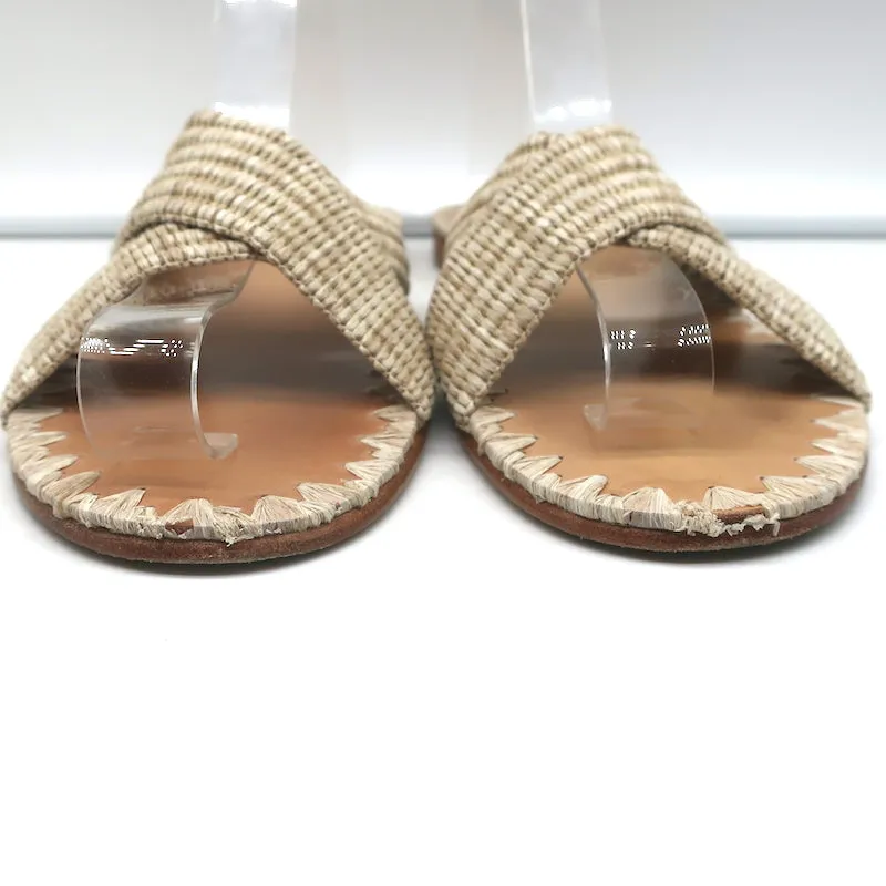 Jenni Kayne Raffia Crossover Sandals Beige Size 38 Flat Slides