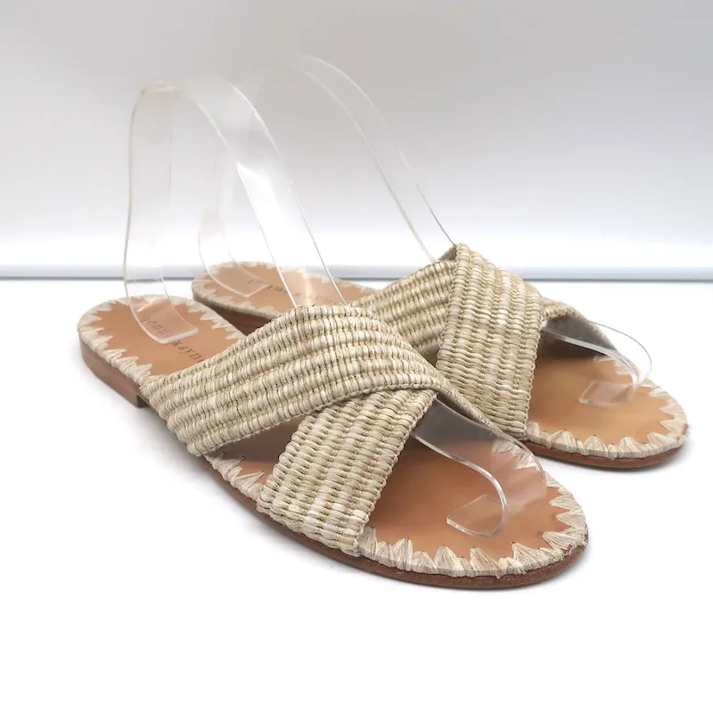Jenni Kayne Raffia Crossover Sandals Beige Size 38 Flat Slides