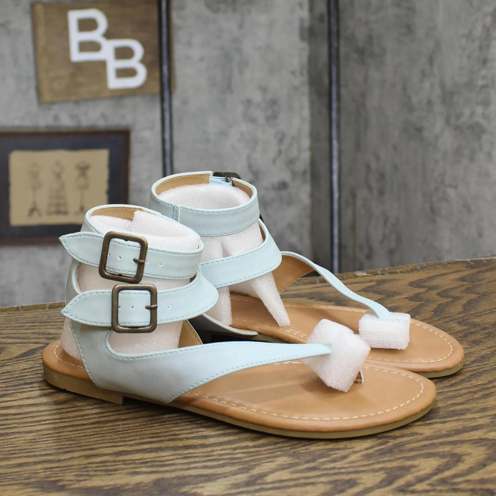 Journee Collection Kyle Faux Leather Ankle Straps Flat Sandals Light Blue 7.5M