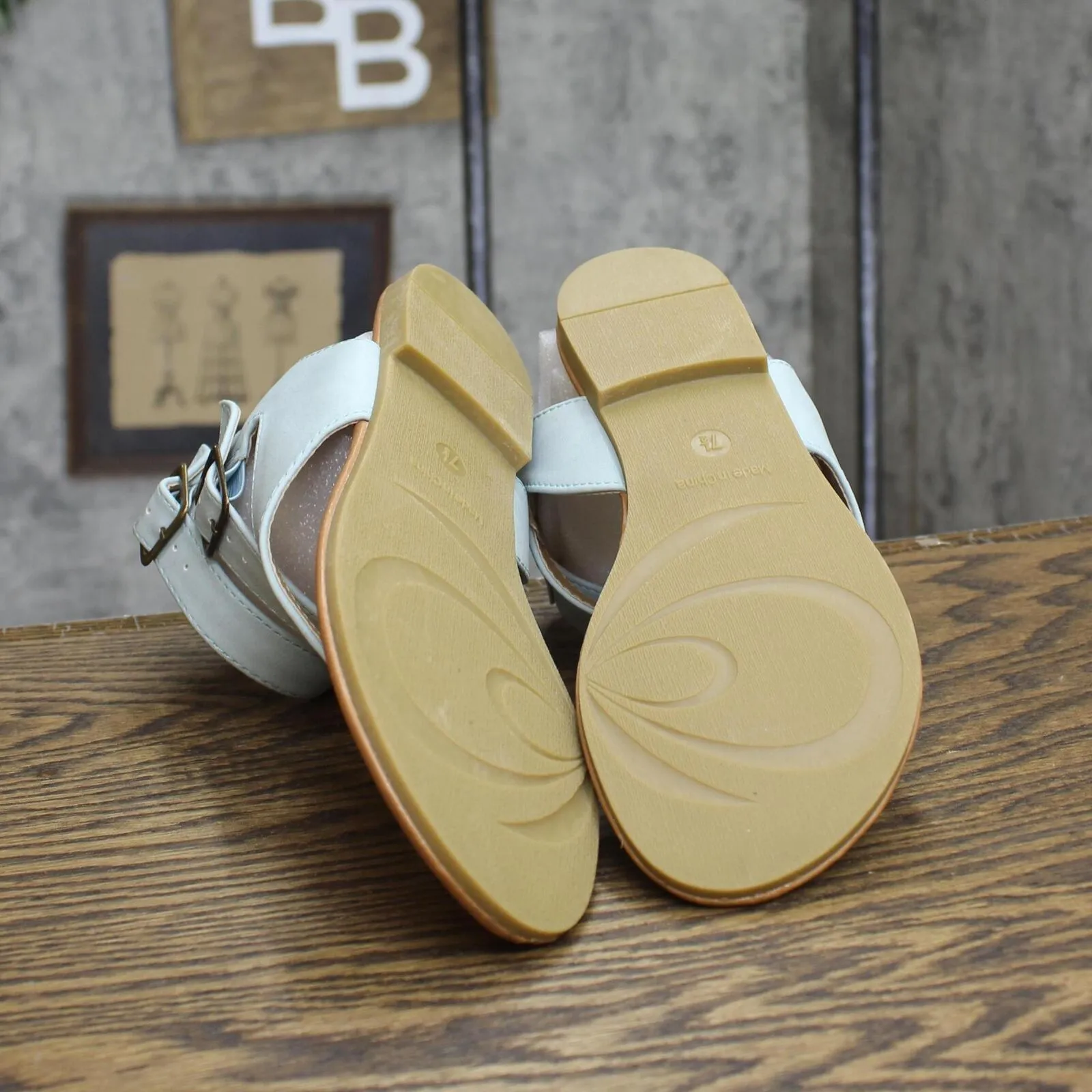 Journee Collection Kyle Faux Leather Ankle Straps Flat Sandals Light Blue 7.5M