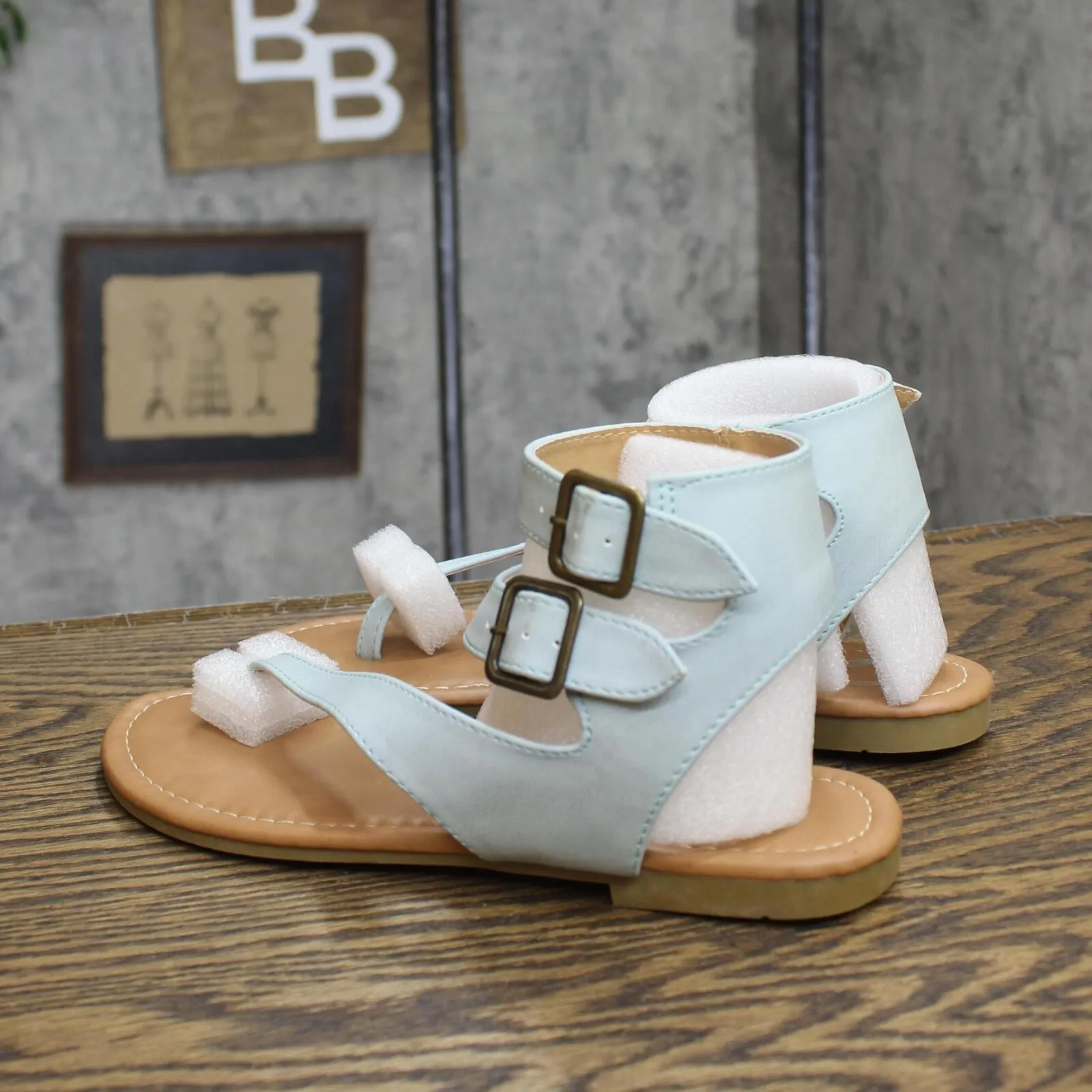 Journee Collection Kyle Faux Leather Ankle Straps Flat Sandals Light Blue 7.5M