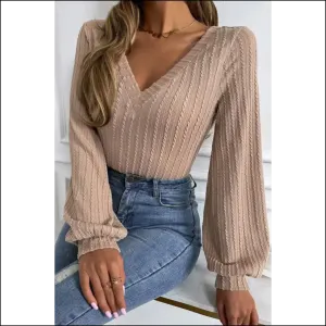 Khaki Knitted v Neck Lantern Sleeve: Fashion Hugs & Side Eyes 👀