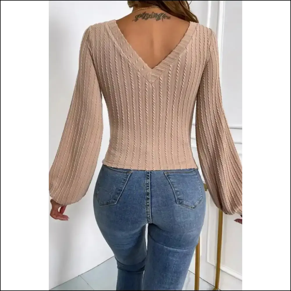 Khaki Knitted v Neck Lantern Sleeve: Fashion Hugs & Side Eyes 👀