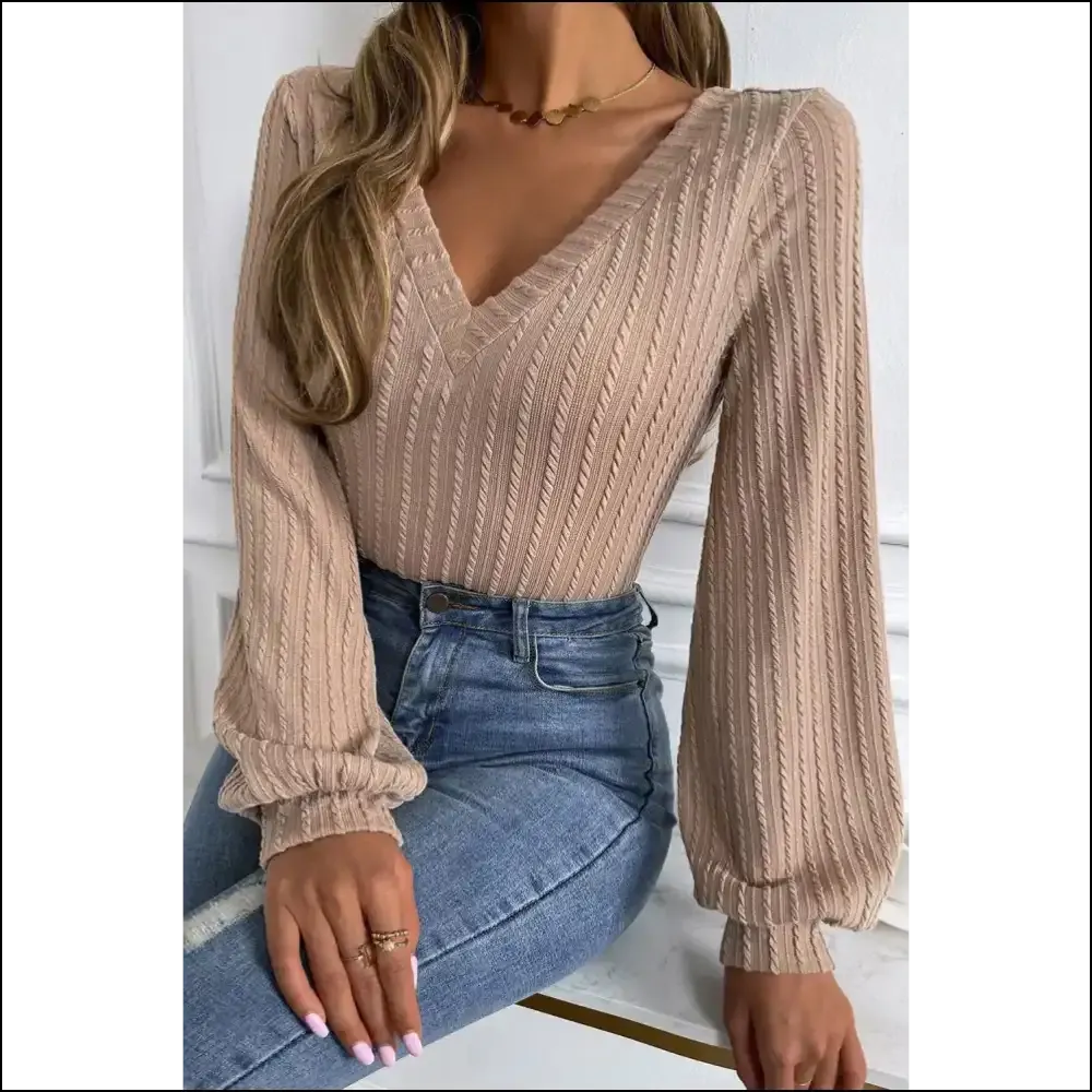 Khaki Knitted v Neck Lantern Sleeve: Fashion Hugs & Side Eyes 👀