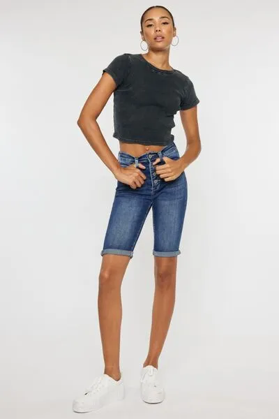 Kinzy Full Size Cat's Whiskers Button Fly Denim Shorts