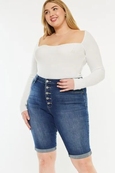Kinzy Full Size Cat's Whiskers Button Fly Denim Shorts