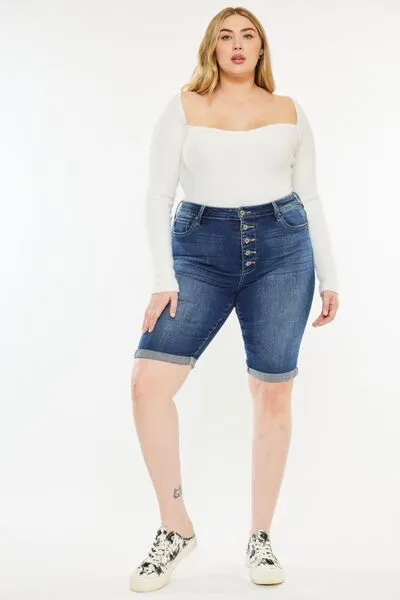 Kinzy Full Size Cat's Whiskers Button Fly Denim Shorts