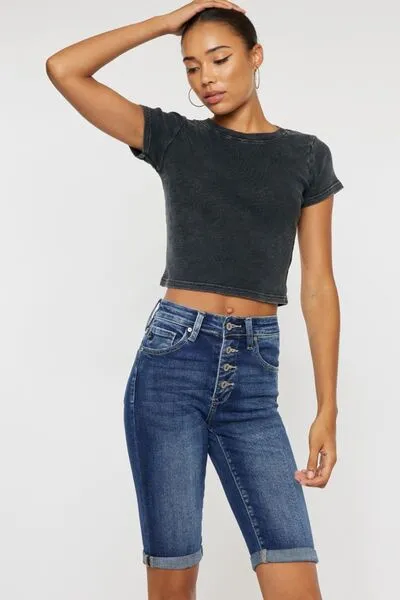 Kinzy Full Size Cat's Whiskers Button Fly Denim Shorts