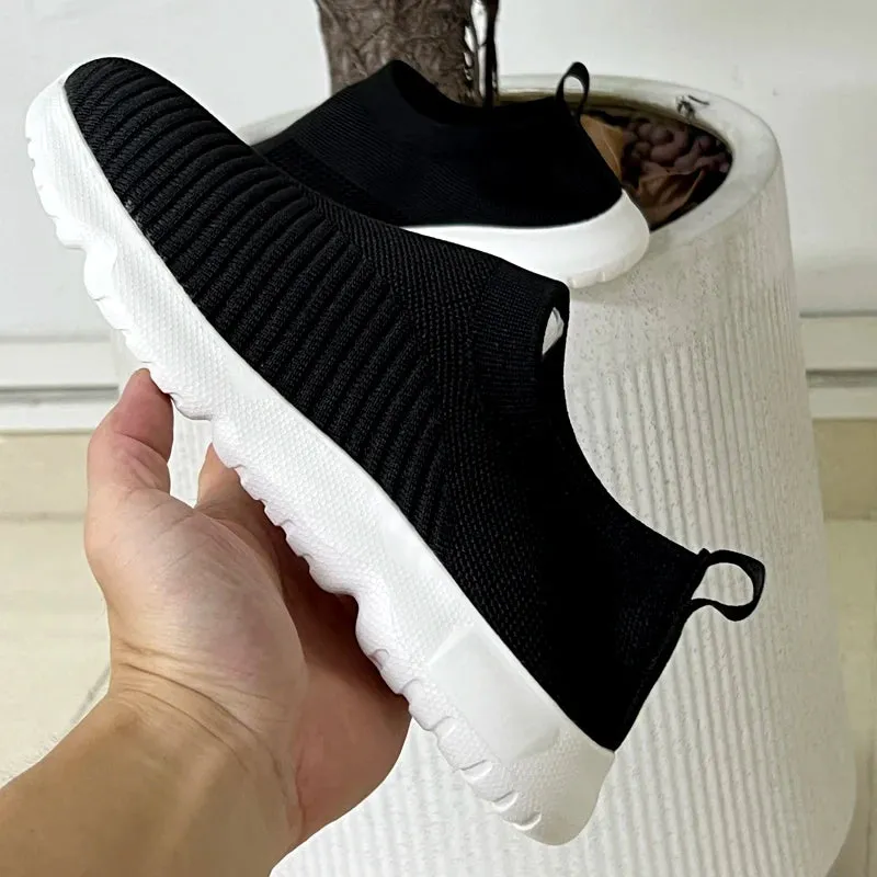 Knitting Sock Sneakers - Slip On Flat Shoes Women Plus Size Loafers Flats Walking Shoes Women Spring Summer