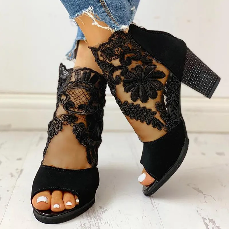 Lace Mesh Insert Chunky Heeled Boots