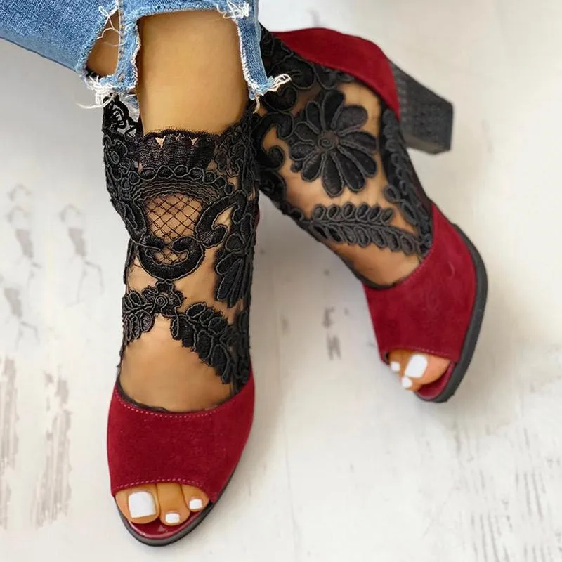 Lace Mesh Insert Chunky Heeled Boots