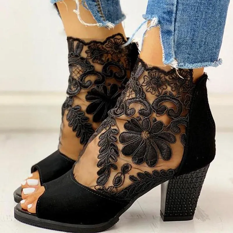Lace Mesh Insert Chunky Heeled Boots