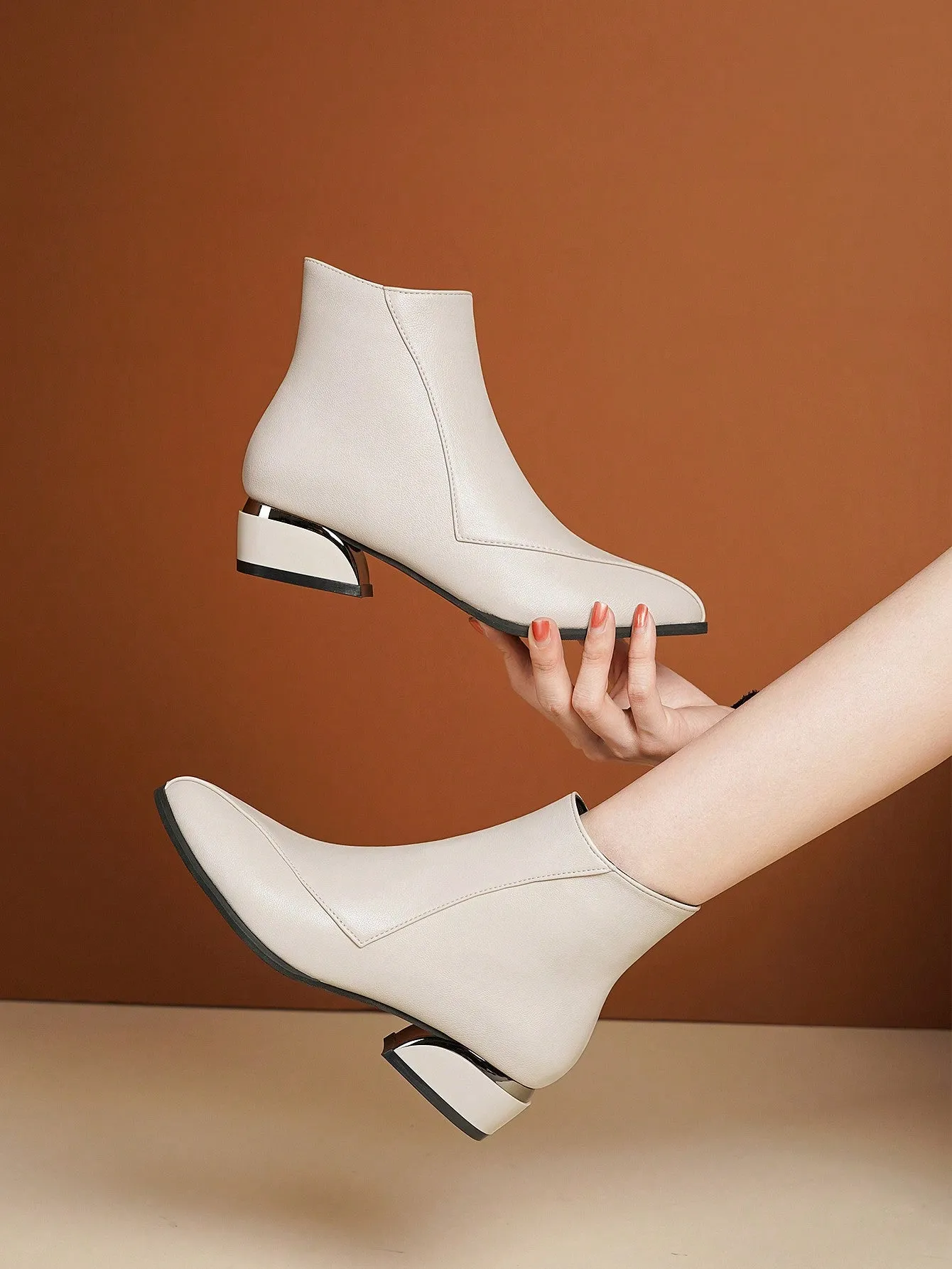 Ladies' Pointed Toe Chunky Heel Beige Zipper Short Fashion Boots