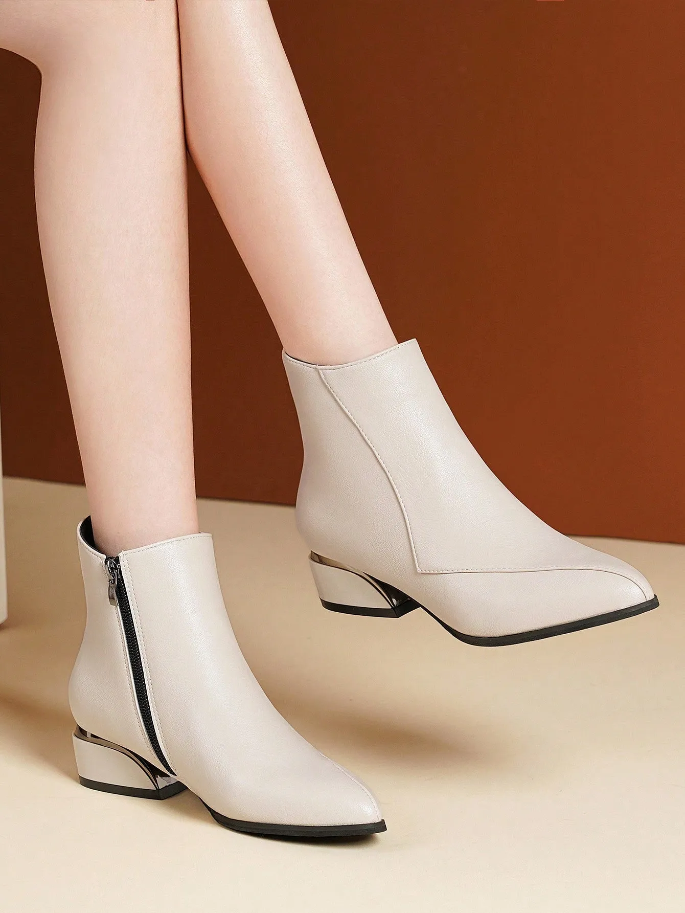 Ladies' Pointed Toe Chunky Heel Beige Zipper Short Fashion Boots