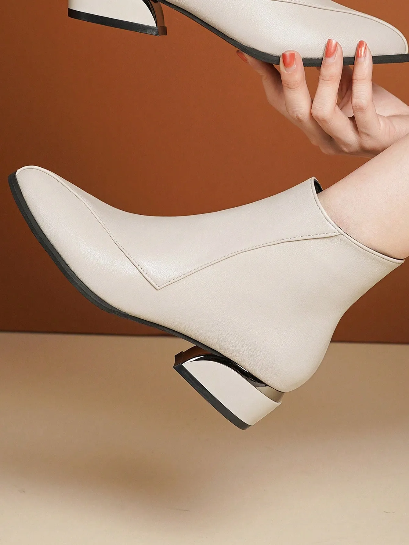 Ladies' Pointed Toe Chunky Heel Beige Zipper Short Fashion Boots