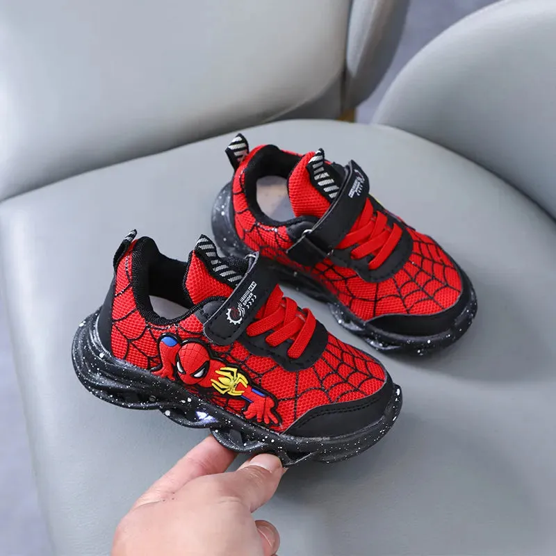 LED Casual Sneakers Red Black For Spring Boys Cartoon Mesh Outdoor Shoes Children Lighted Non-slip Shoes Size 21-30