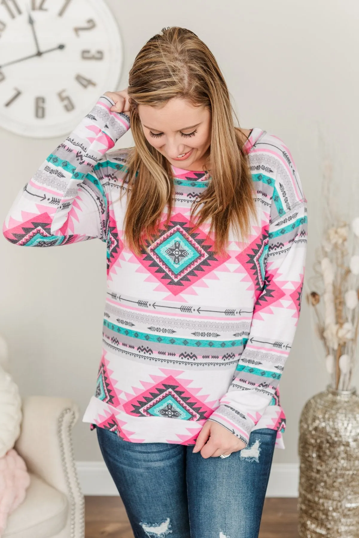 Live For The Adventure Aztec Top- Ivory, Fuchsia, & Teal