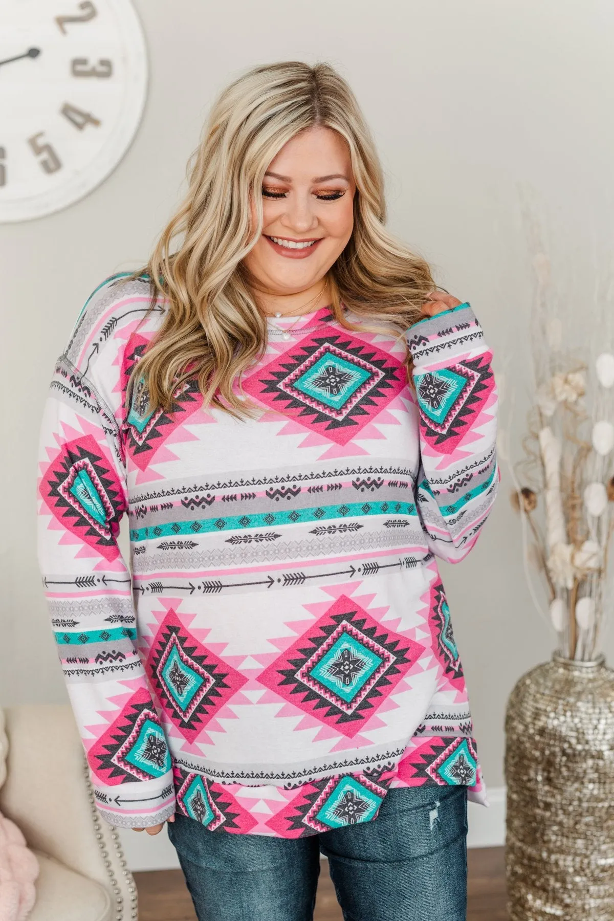 Live For The Adventure Aztec Top- Ivory, Fuchsia, & Teal