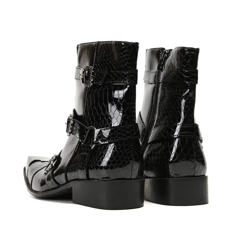 Man's Black Square Iron Metal Toe Belt Buckles Med Heels Height Increasing Ankle Boots