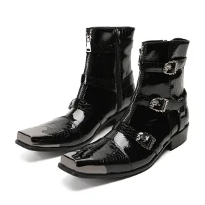 Man's Black Square Iron Metal Toe Belt Buckles Med Heels Height Increasing Ankle Boots