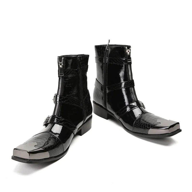 Man's Black Square Iron Metal Toe Belt Buckles Med Heels Height Increasing Ankle Boots
