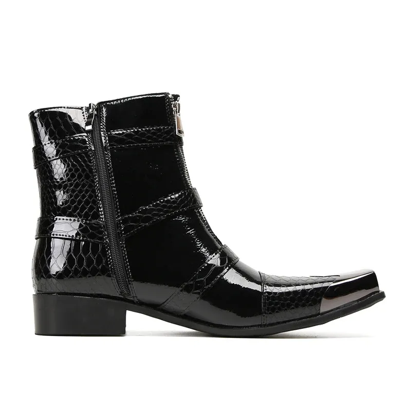 Man's Black Square Iron Metal Toe Belt Buckles Med Heels Height Increasing Ankle Boots