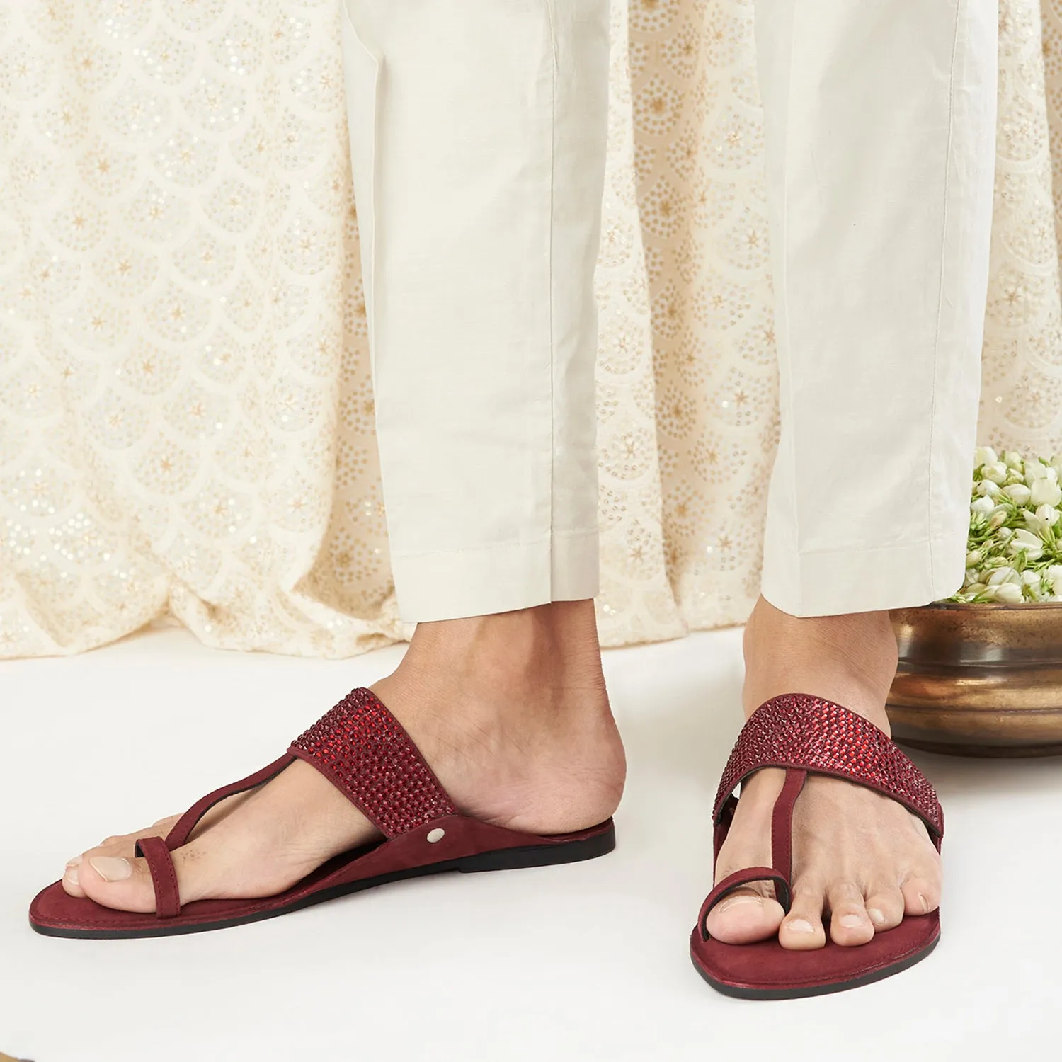 Maroon Crystal Kolhapuri Sandals For Men
