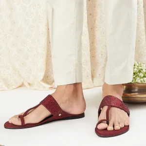 Maroon Crystal Kolhapuri Sandals For Men