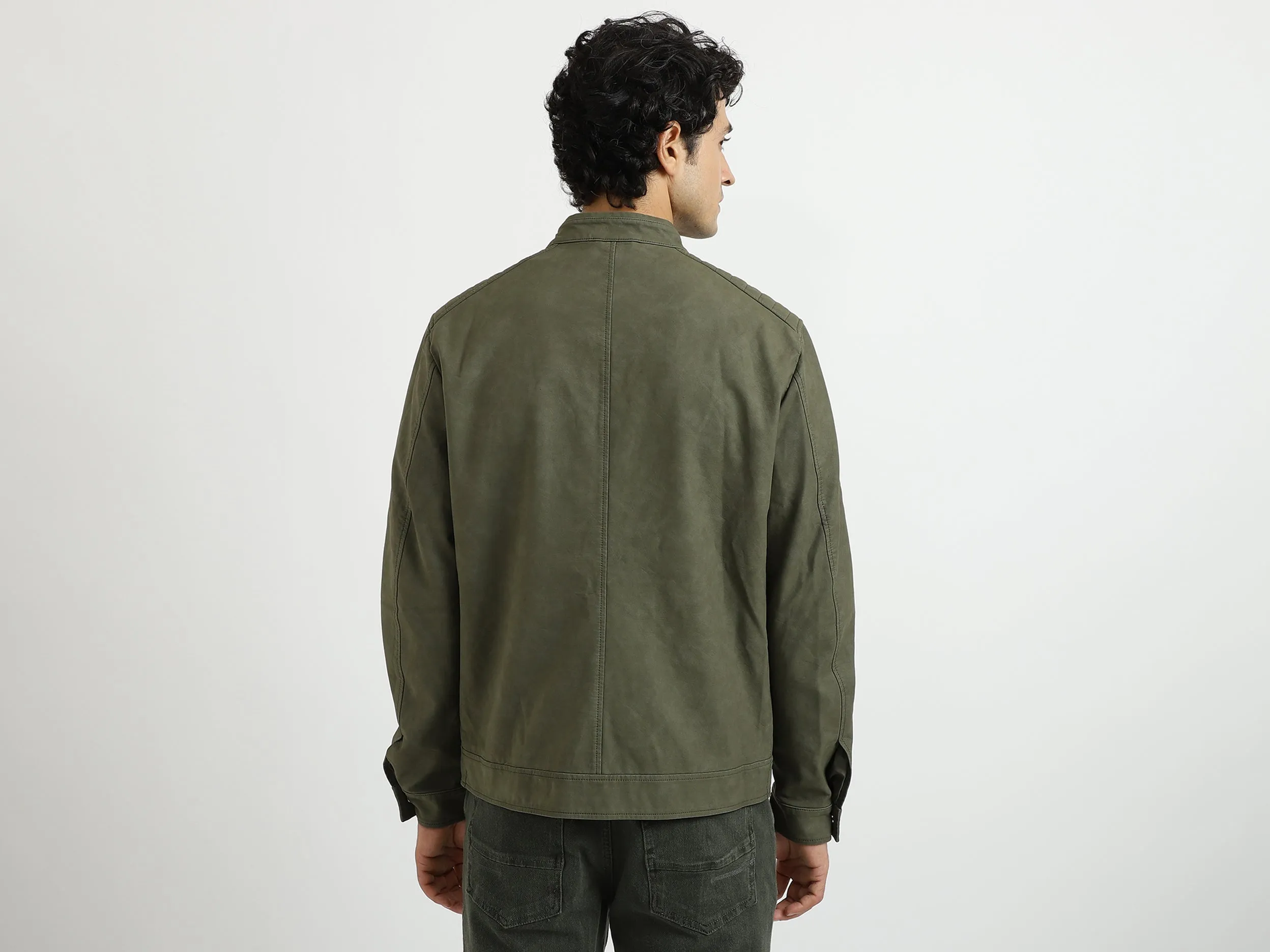 Men Solid Band Collar Jacket