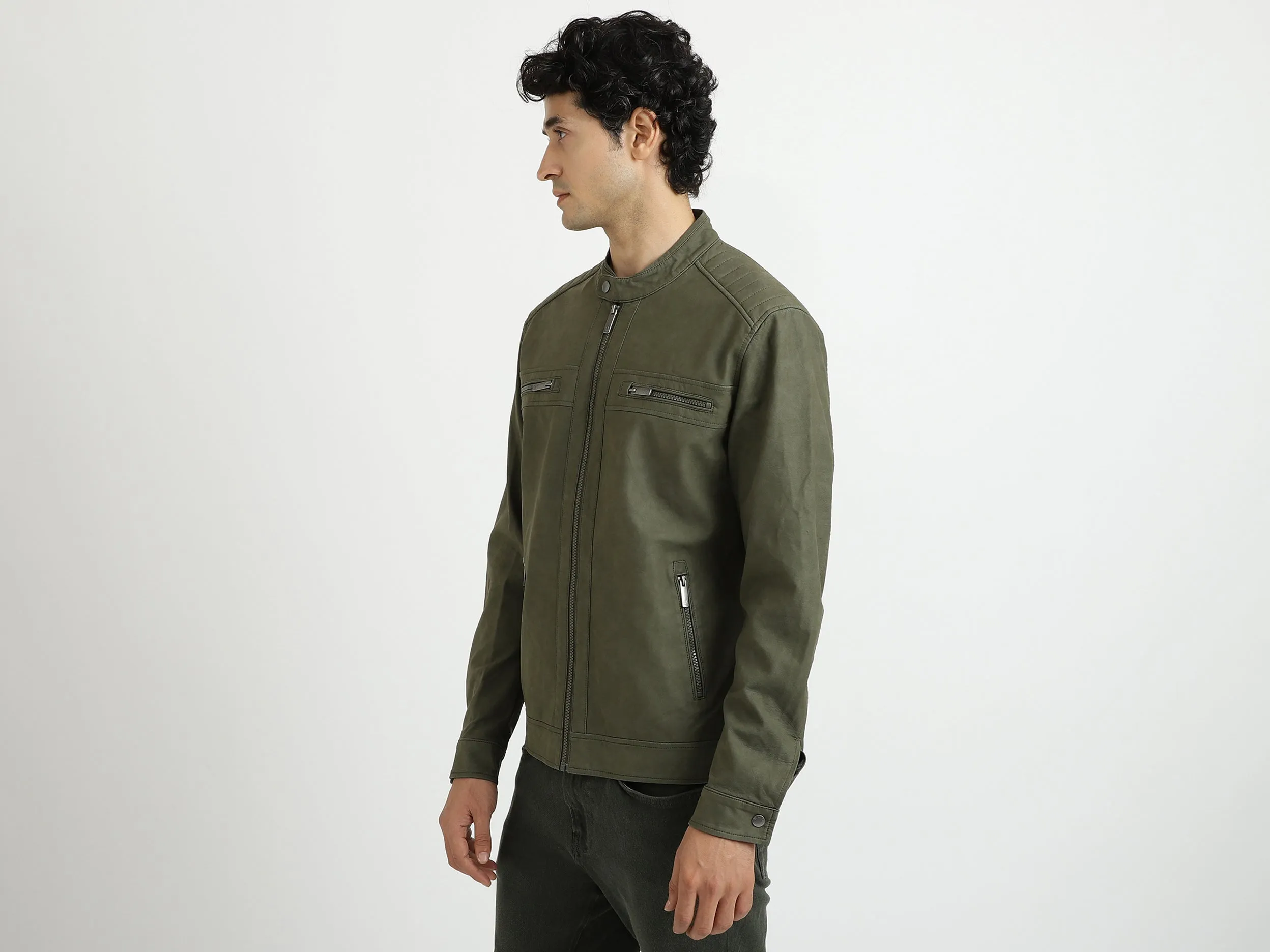Men Solid Band Collar Jacket