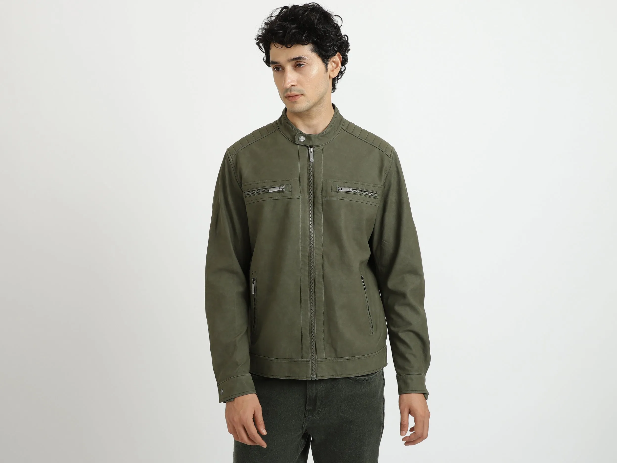 Men Solid Band Collar Jacket