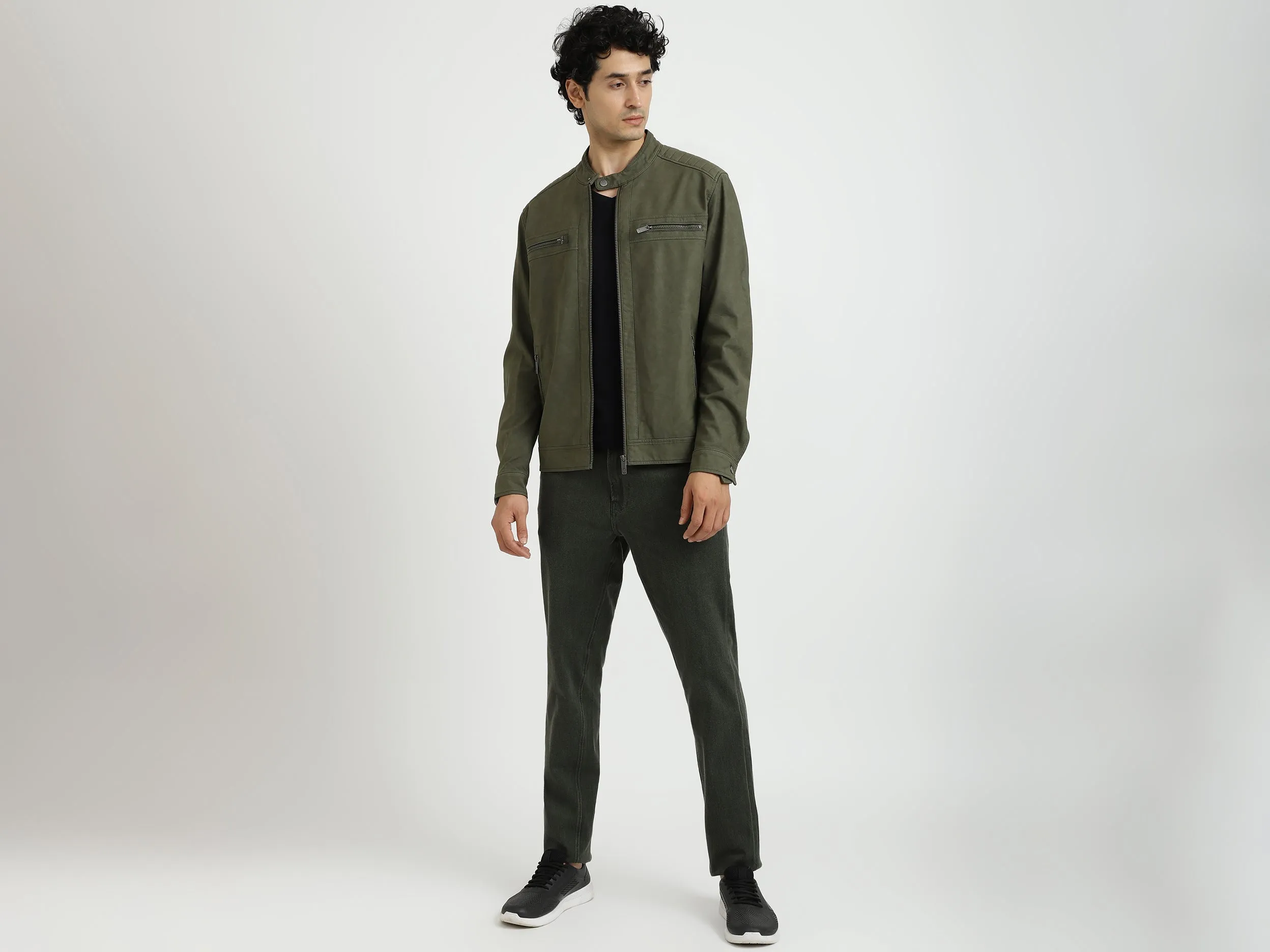 Men Solid Band Collar Jacket