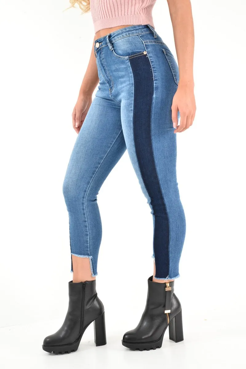 Mid Wash Colour Block Step Hem Jeans - Lianni