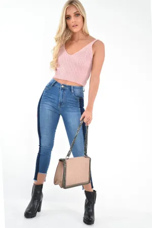 Mid Wash Colour Block Step Hem Jeans - Lianni