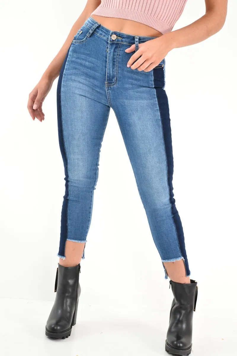 Mid Wash Colour Block Step Hem Jeans - Lianni