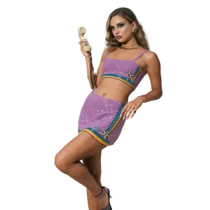 Monni Co-ord Hand Embroidered Crystal Skirt Purple