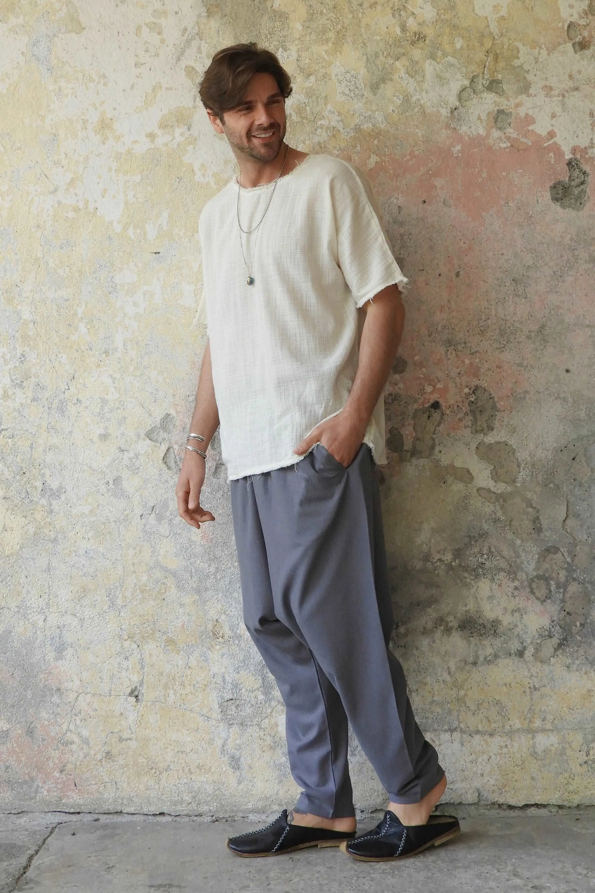 MOON Gender Neutral Linen Blend Harem Pants (Dark Gray, Brown)