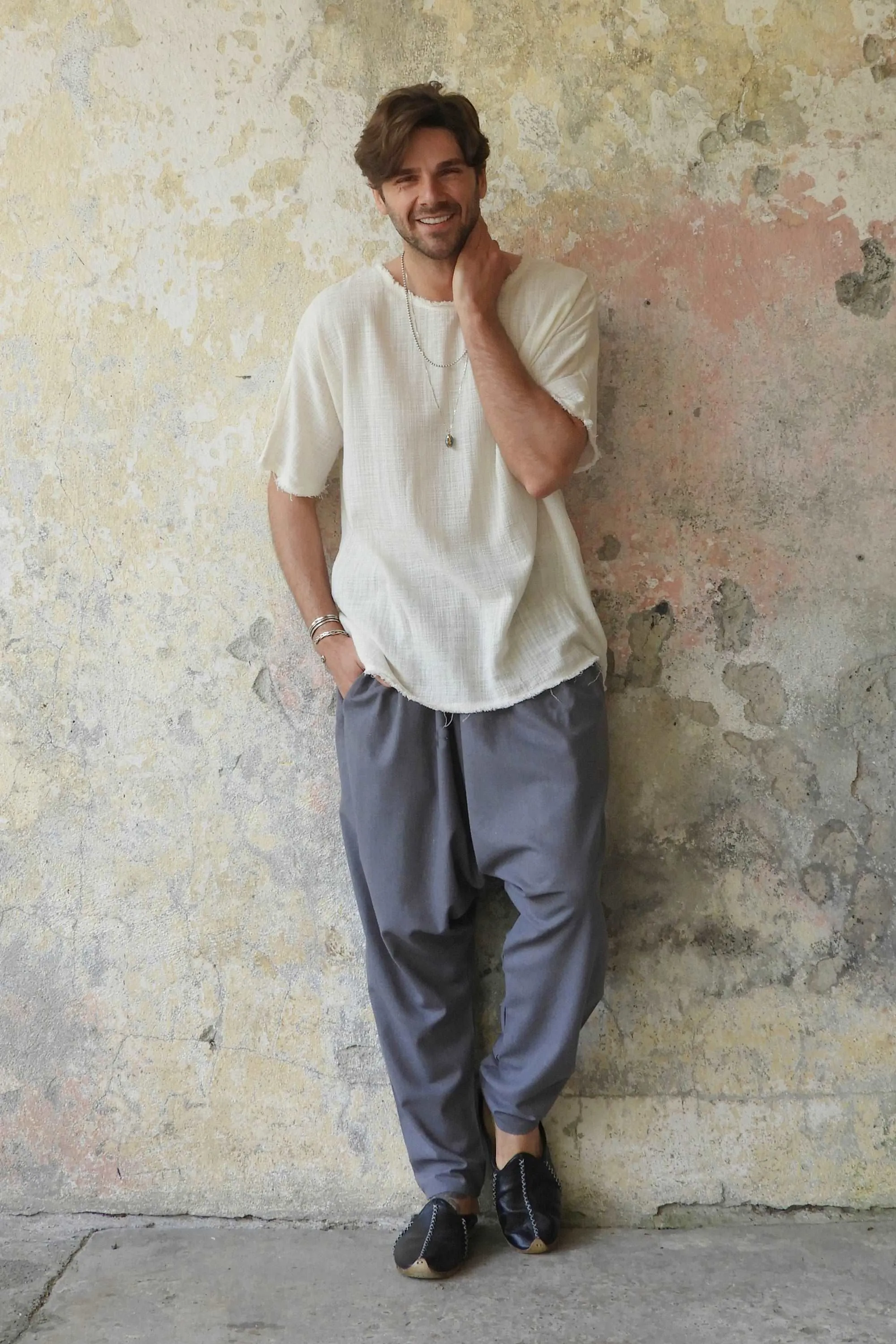 MOON Gender Neutral Linen Blend Harem Pants (Dark Gray, Brown)