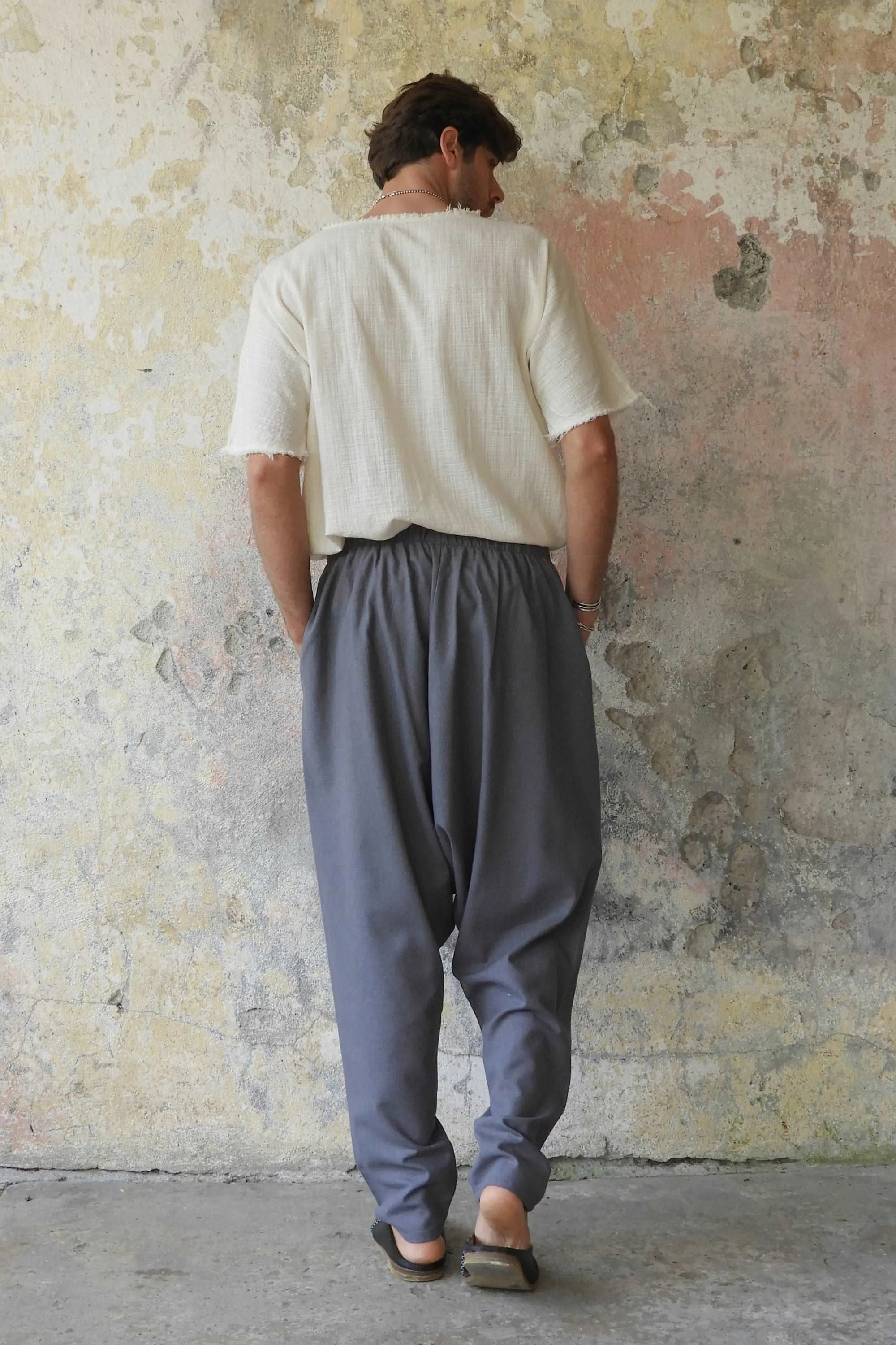 MOON Gender Neutral Linen Blend Harem Pants (Dark Gray, Brown)