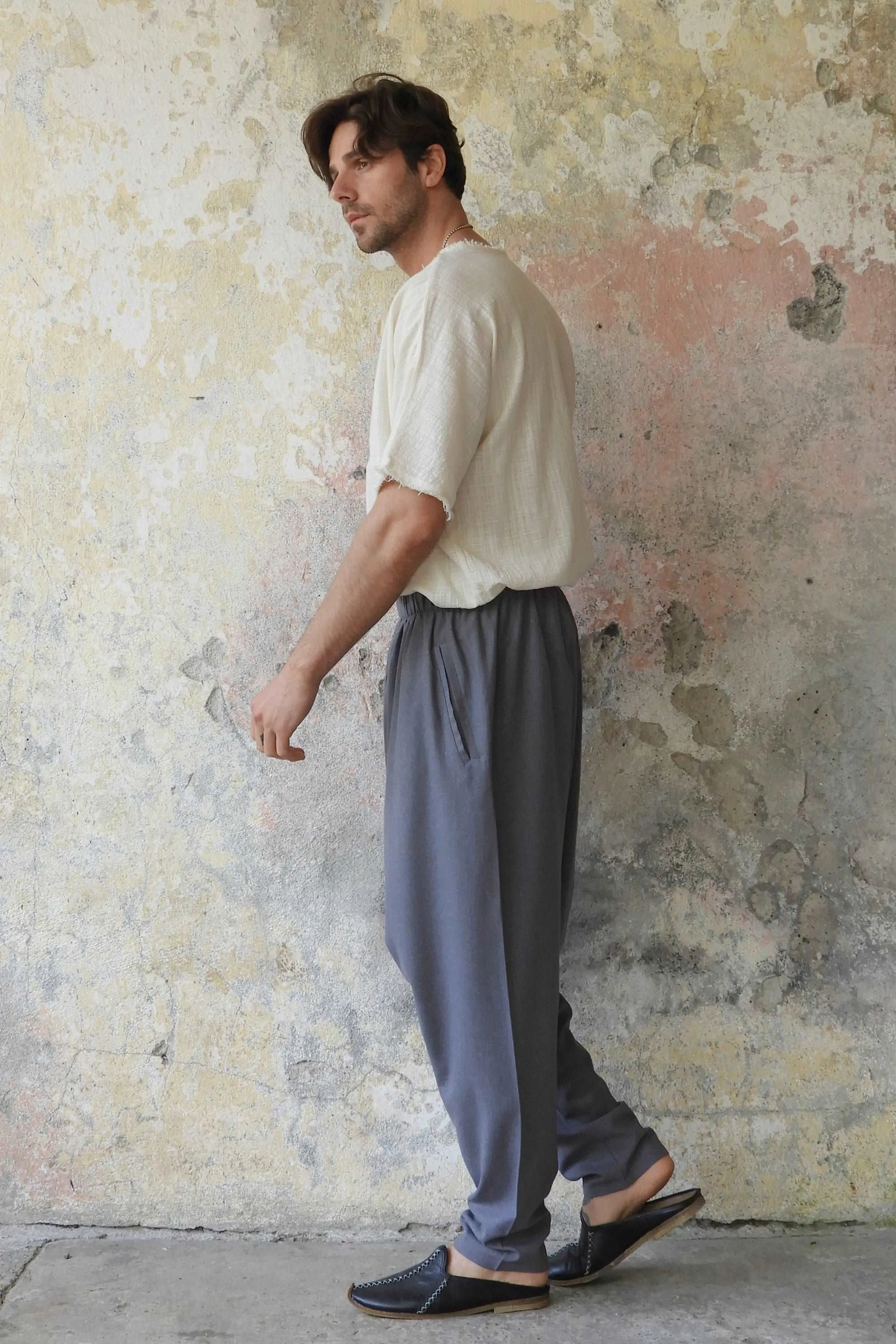 MOON Gender Neutral Linen Blend Harem Pants (Dark Gray, Brown)