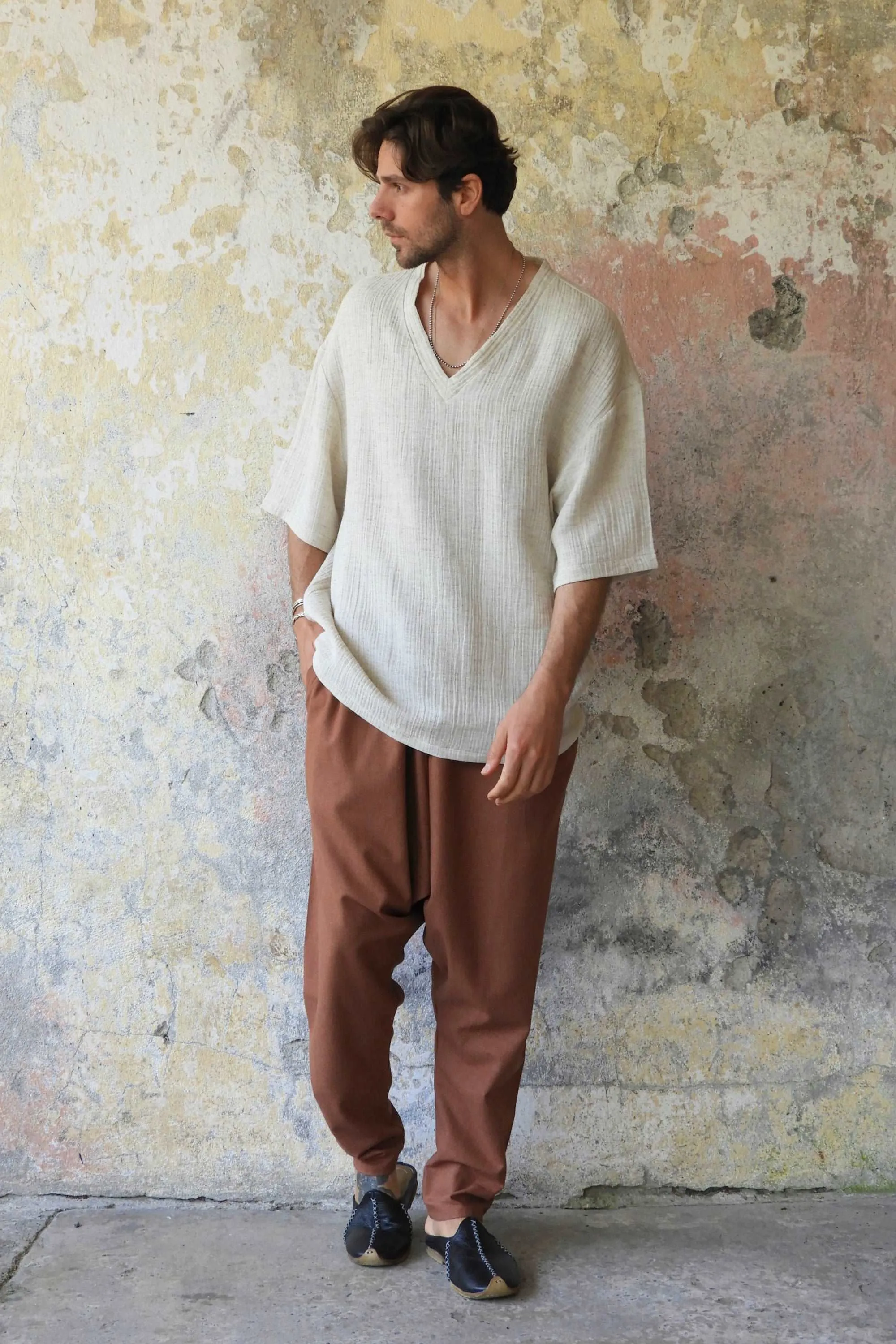 MOON Gender Neutral Linen Blend Harem Pants (Dark Gray, Brown)