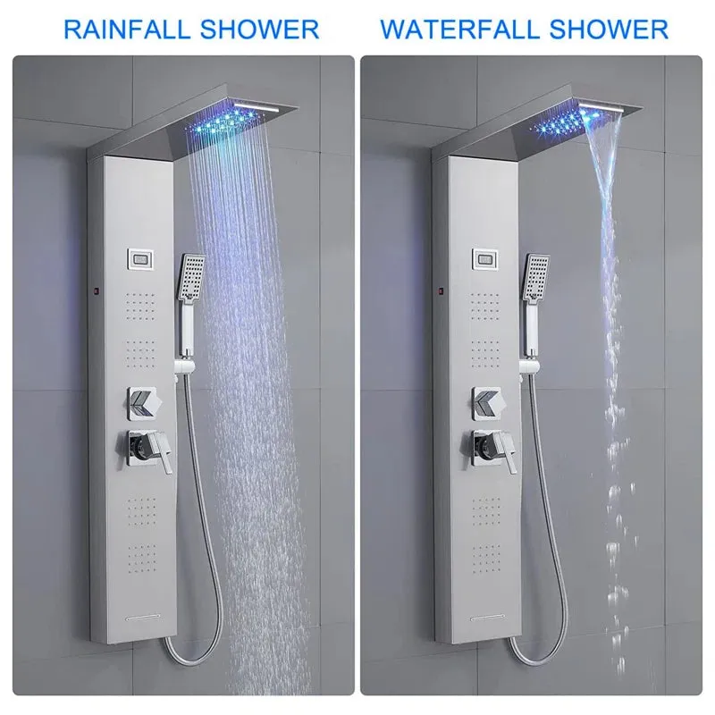 New in box! Wayfair Augusts 47'' Shower Panel with Fixed LED Lighted Shower Head, LED Temperature display Retails $329 