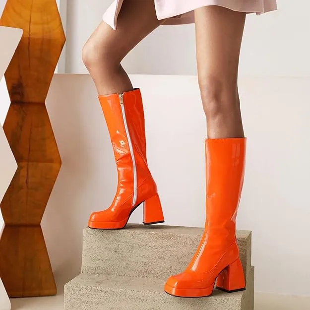 NEW Retails $69, Microfibre Fashion Square Toe Black Heel Zipper High Heel with 9.5 cm Easy Walking Knee-High Boots for Women t16-42, orange, Sz 7