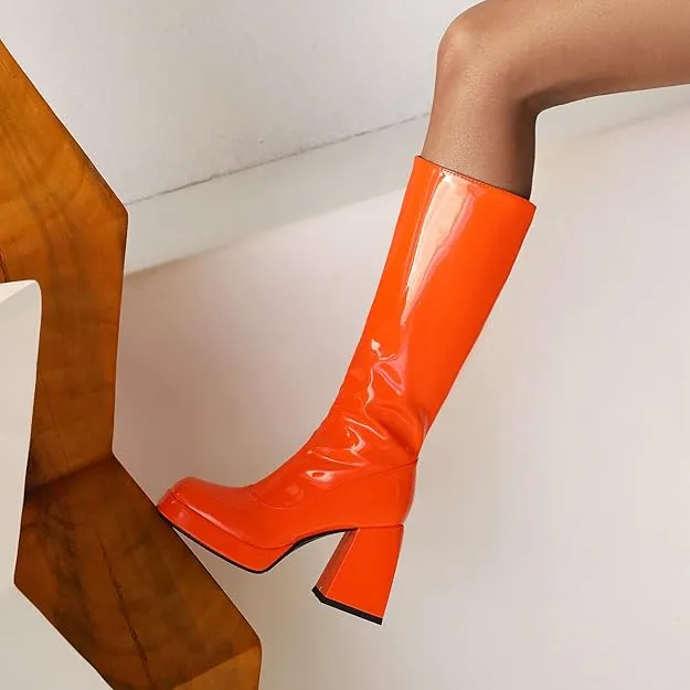 NEW Retails $69, Microfibre Fashion Square Toe Black Heel Zipper High Heel with 9.5 cm Easy Walking Knee-High Boots for Women t16-42, orange, Sz 7