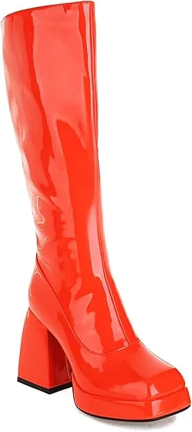NEW Retails $69, Microfibre Fashion Square Toe Black Heel Zipper High Heel with 9.5 cm Easy Walking Knee-High Boots for Women t16-42, orange, Sz 7