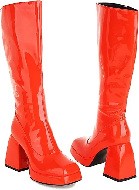 NEW Retails $69, Microfibre Fashion Square Toe Black Heel Zipper High Heel with 9.5 cm Easy Walking Knee-High Boots for Women t16-42, orange, Sz 7