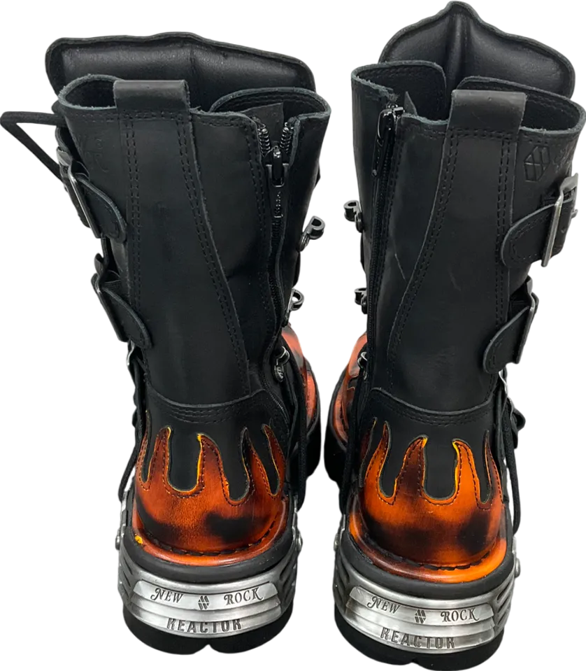 New Rock Black Flame Accented Leather Biker Boots UK 5 EU 38 👠