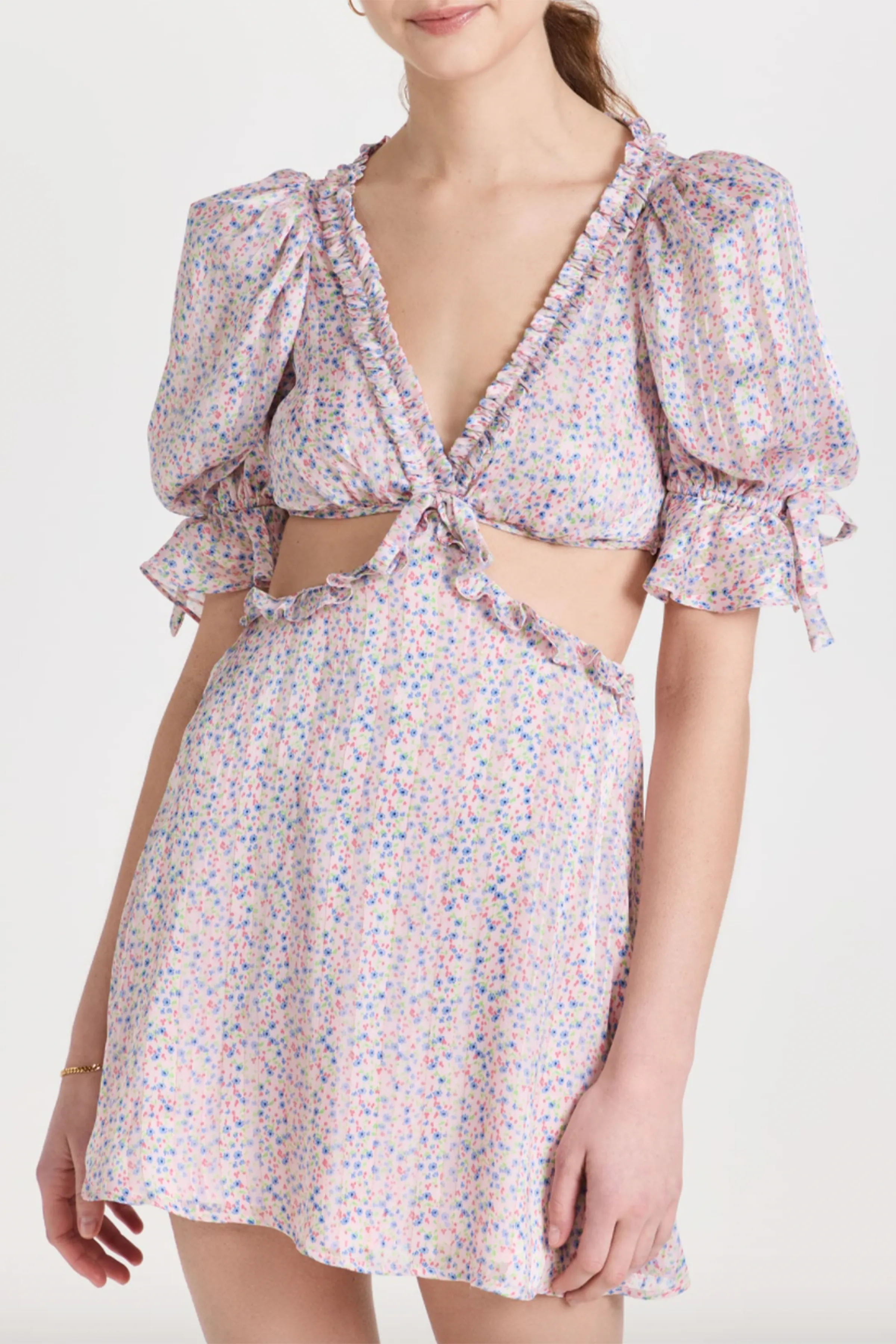 PHOEBE FLORAL-PRINT CUTOUT SATIN CHIFFON MINI DRESS